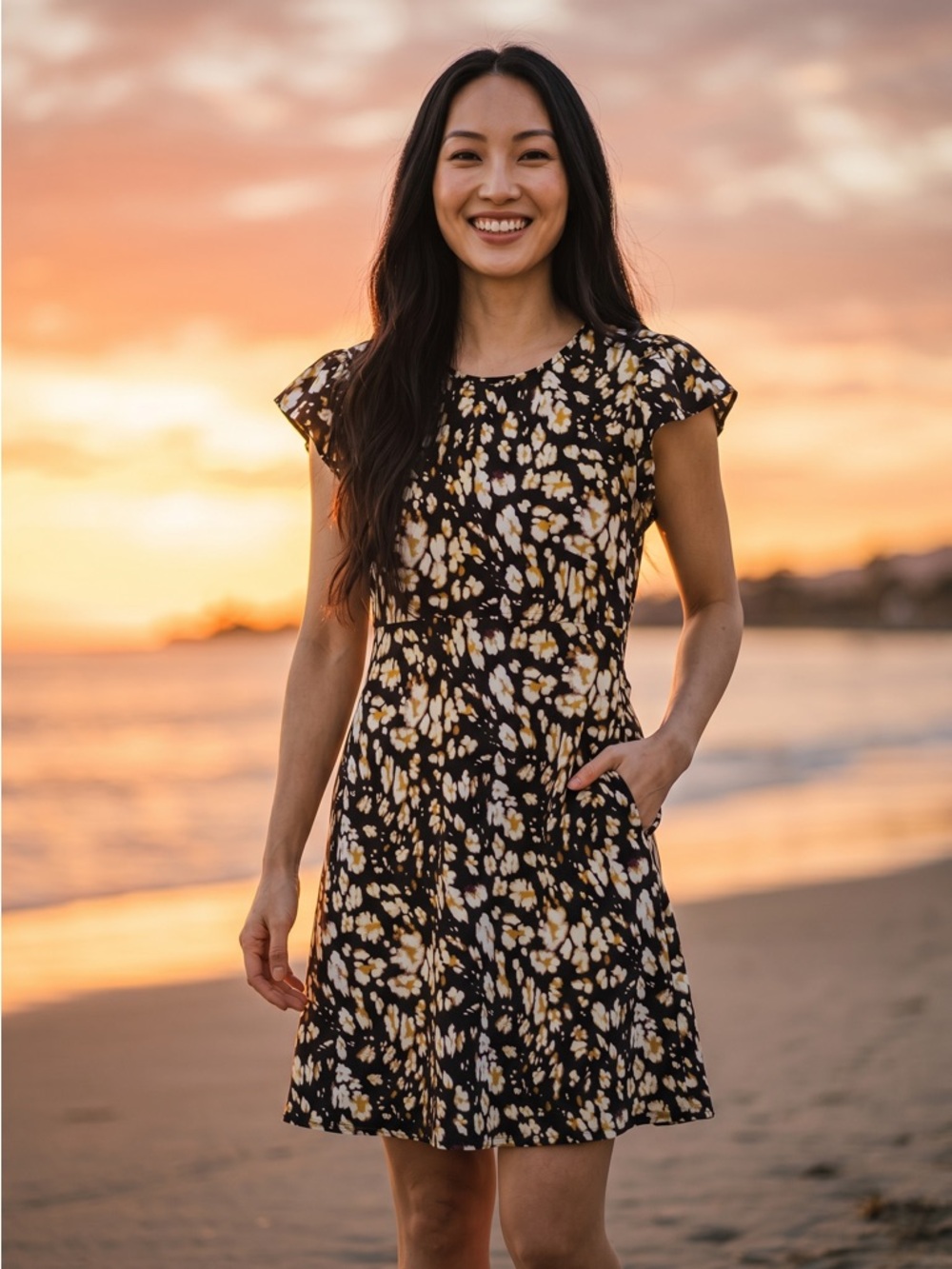 Black Floral Fit-and-Flare Midi Dress